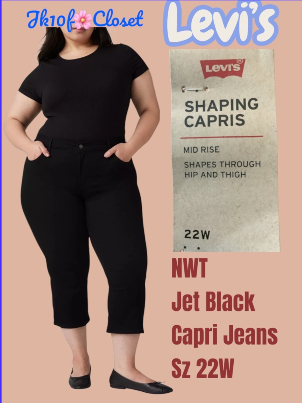 LOWEST🌺NWT Levi's 22W JET BLACK SHAPING CAPRI JEANS